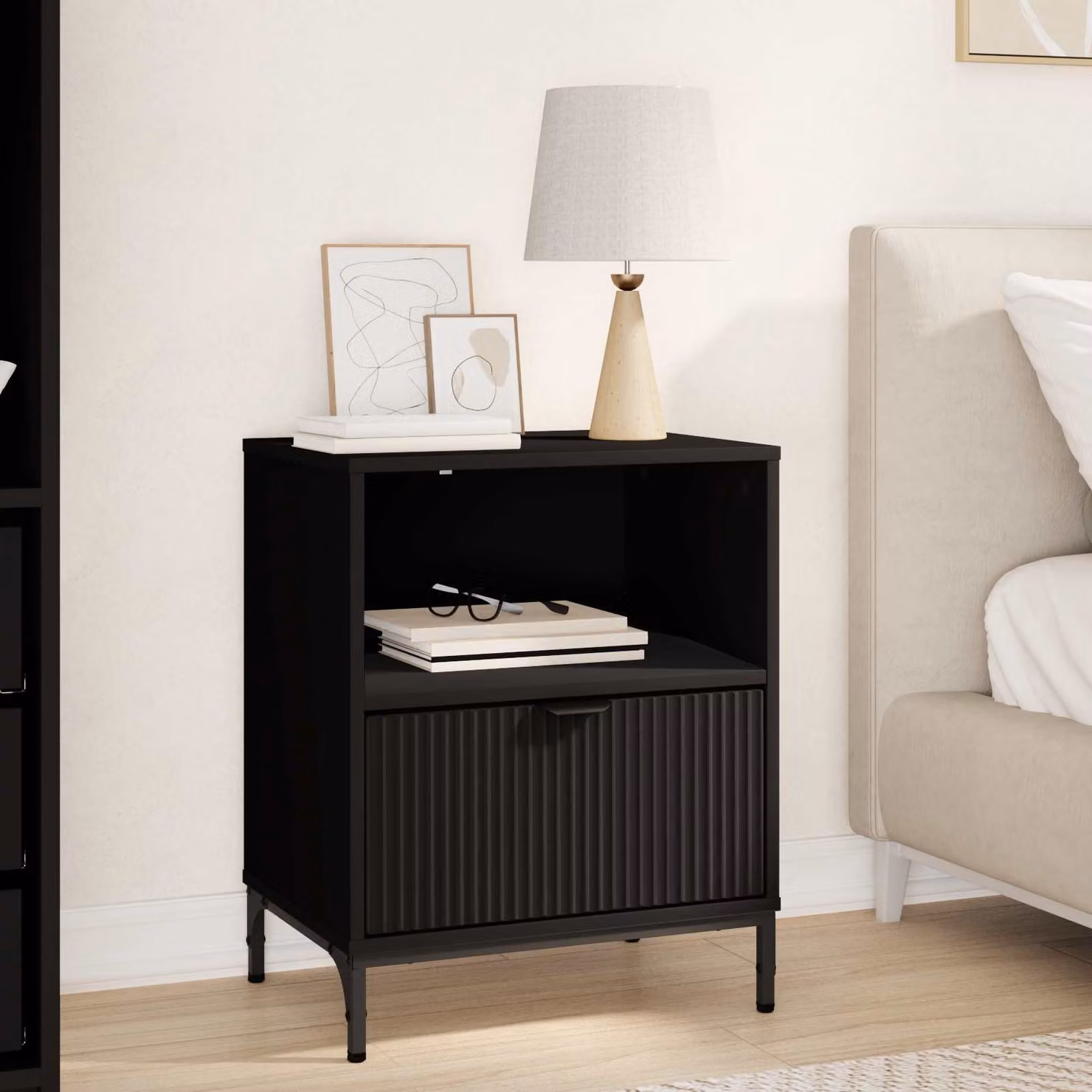vidaXL Armadio da Notte Moderno Nero in MDF e Metallo L/P/H: 49 x 36 x 61 cm