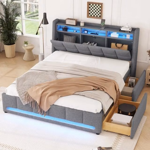 Letto imbottito 140 x 200 cm con cassetti; LED controllabili da app; lino e MDF grigio