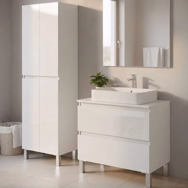 Capurso, set Mobili Bagno 2 Cassetti, Bianco Lucido