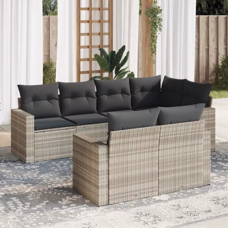 vidaXL Set Divani da Giardino 7pz in Polyrattan con Cuscini Grigio Chiaro e Struttura in Metallo