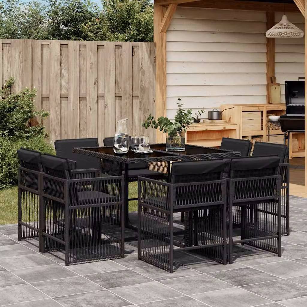 vidaXL Set da Pranzo da Giardino 9 pz in Polyrattan Nero con Cuscini e Tavolo in Vetro
