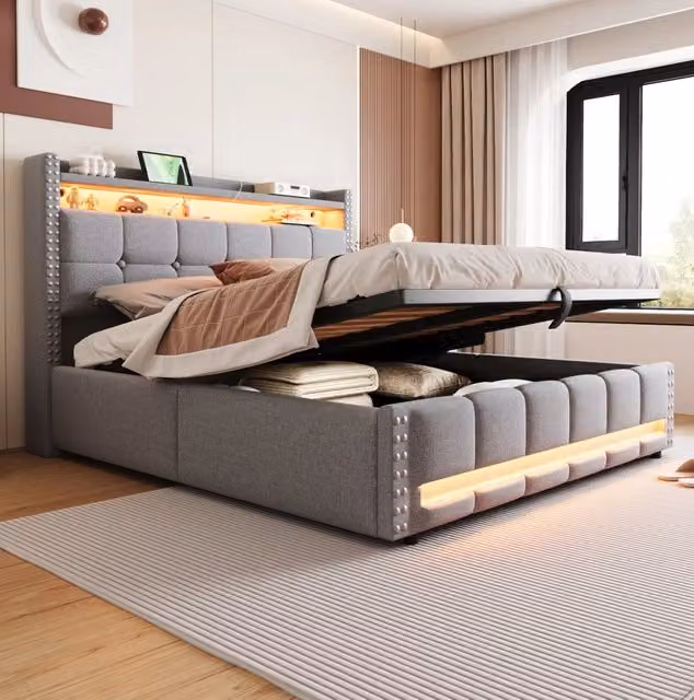 Letto matrimoniale imbottito 160x200 cm grigio chiaro con LED, USB e vano contenitore