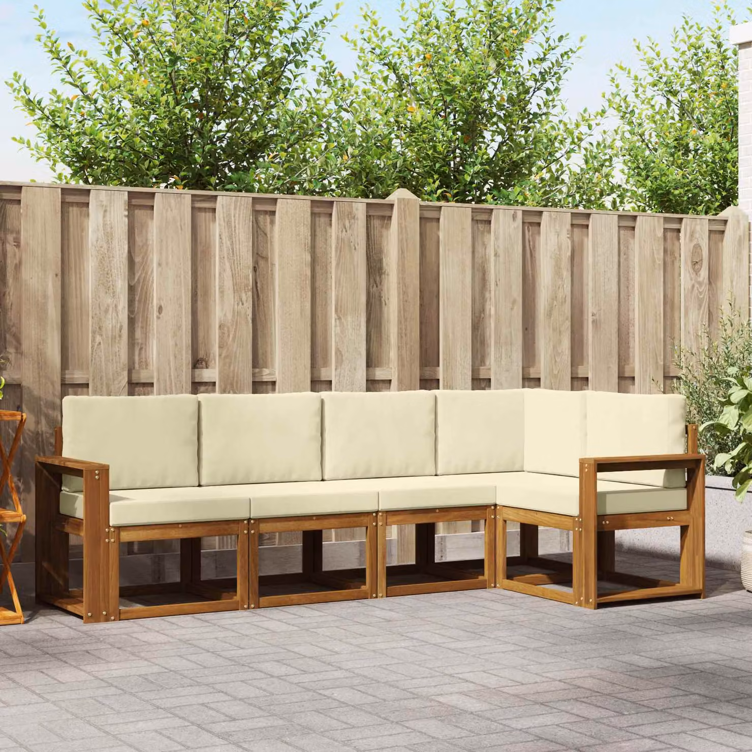 Set di divani da esterno vidaXL a forma di L in legno di acacia con cuscini, 5 pezzi, Beige e Marrone