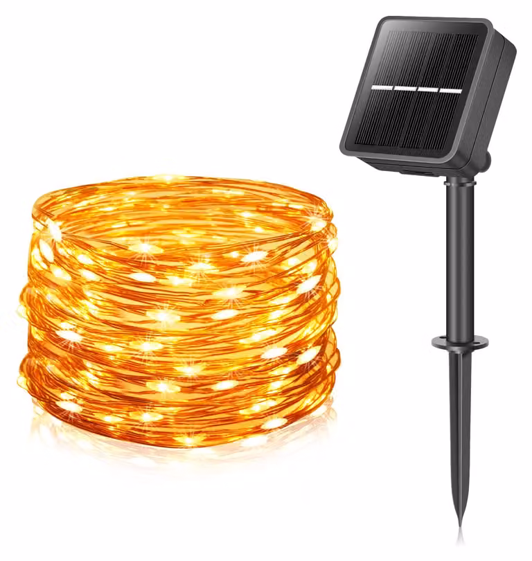 Luci solari decorative, lunghezza 12+2 metri, 120 LED, luce bianco caldo, 8 modalità, grado di protezione IP44