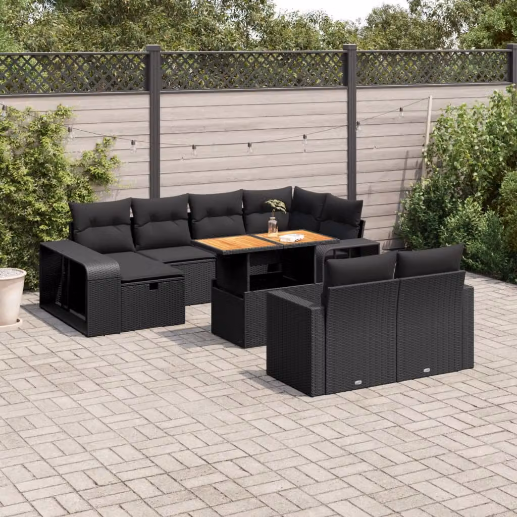 vidaXL Set Divani da Giardino 11 pz in Polyrattan Nero con Cuscini e Tavolino da Esterno – 1