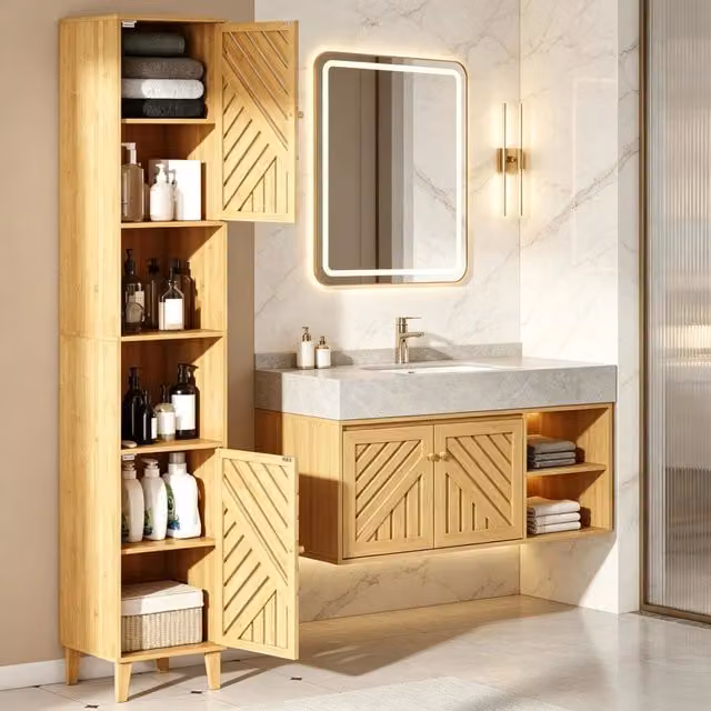 Mobile alto da bagno WISHDOR in bambù e legno, moderno con ante e ripiani aperti, marrone e beige, H: 170 cm, L: 30 cm, P: 30 cm
