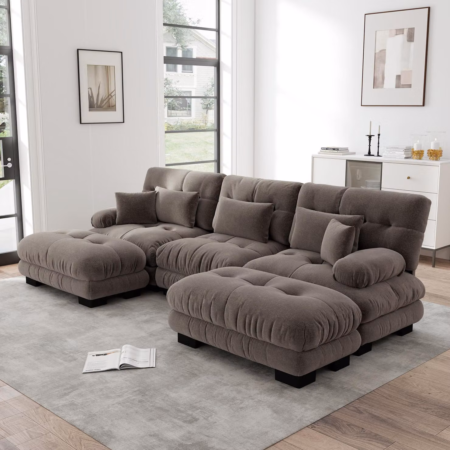 Divano angolare a forma di "L" in tessuto chenille, modello "Cloud Couch", con poggiapiedi, trasformabile in letto (colore marrone)