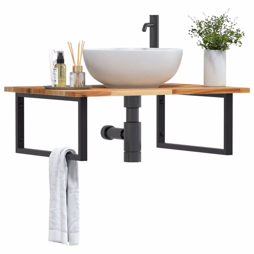 vidaXL Ripiano da parete per lavabo moderno in legno di acacia oliato e metallo nero, L: 60 cm