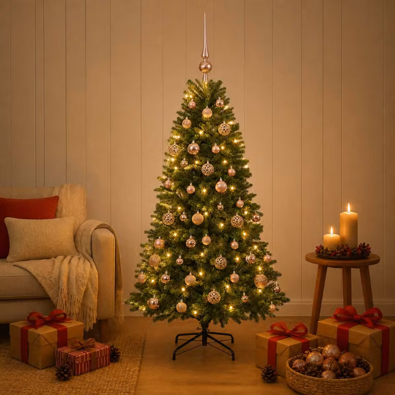 Albero di Natale artificiale verde vidaXL con 150 LED luce bianca calda e decorazioni con palline, Altezza: 120 cm