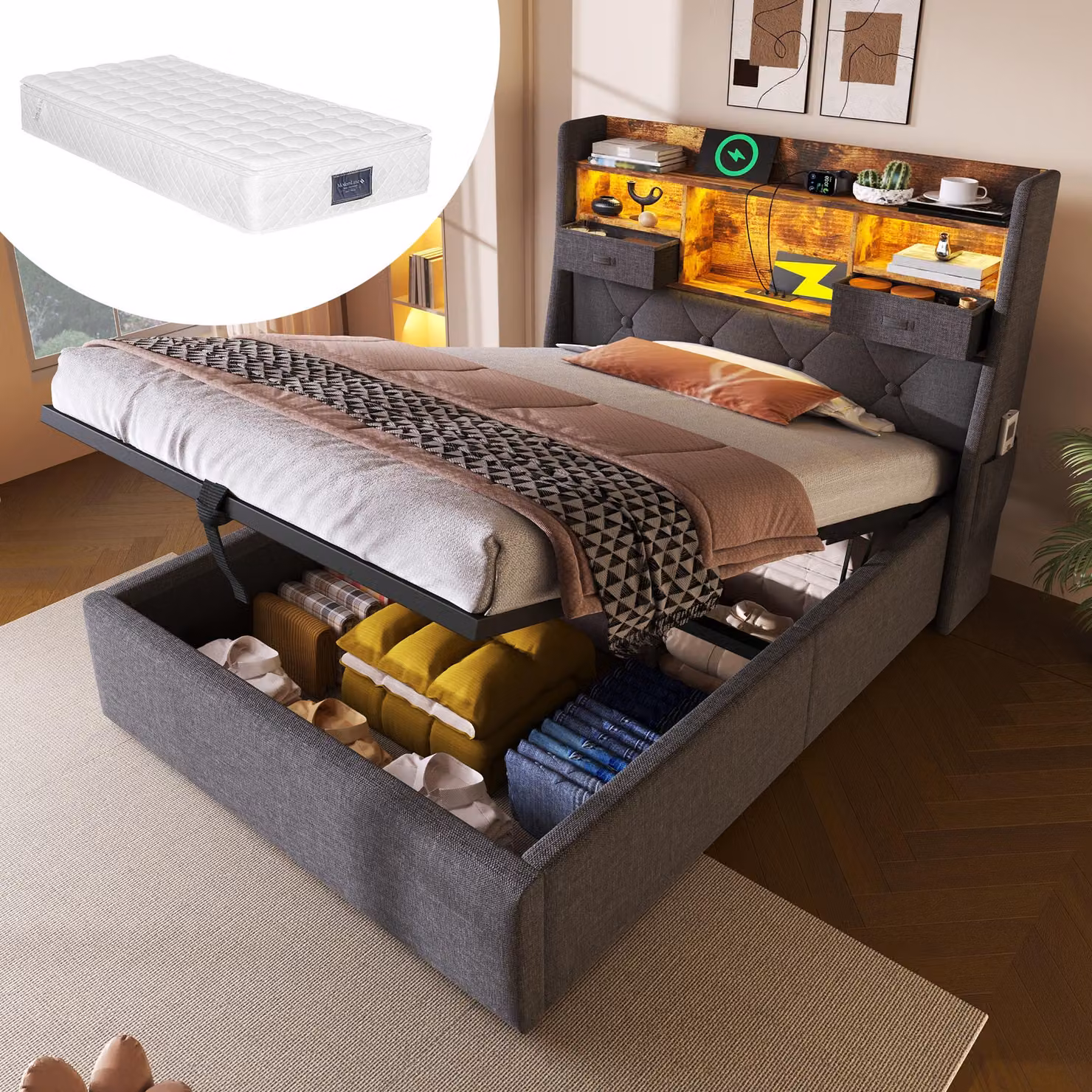 okwish Letto imbottito 90x200 Letto singolo con materasso e contenitore, struttura letto con testata LED e USB/Type-C, Letto contenitore con materasso a doghe di lino, Grigio