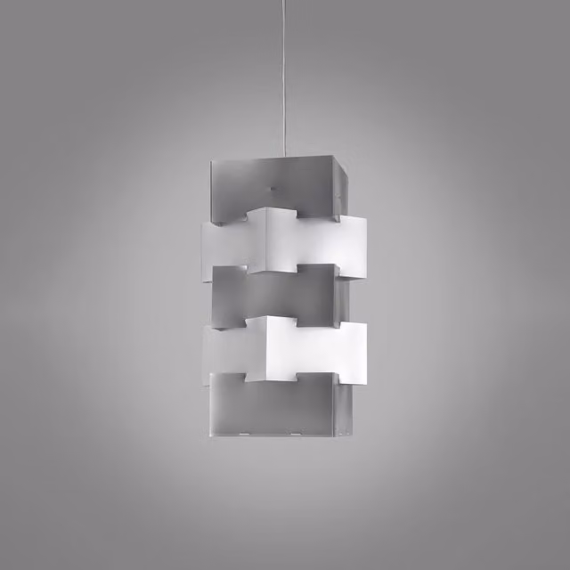Lampada a sospensione moderna Linea Zero Building Polilux in metallo cromato e plastica bianca, attacco E27, H: 60 cm – 1