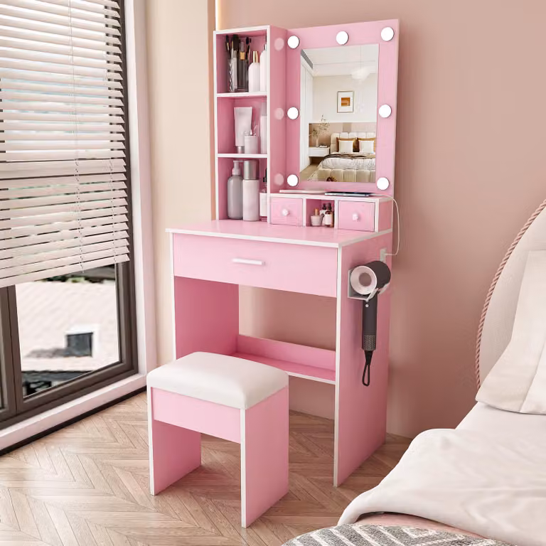 Comò da trucco rosa con sgabello imbottito e presa di corrente, piccolo comò per cosmetici con luce LED regolabile e specchio, ideale per la camera da letto