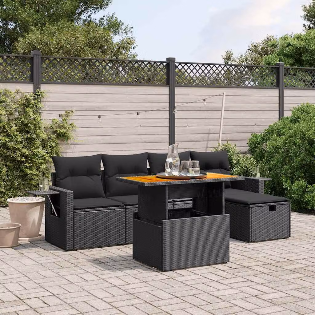 vidaXL Set Divano da Giardino a L con Polyrattan e Cuscini Neri, 6 Pezzi con Tavolino e Ottoman – 1