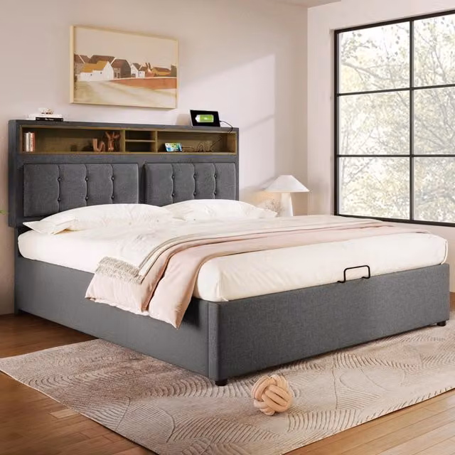 Letto Imbottito REDOM Grigio con Base a Sollevamento e Porte USB L/P/H: 140 x 200 x 44 cm