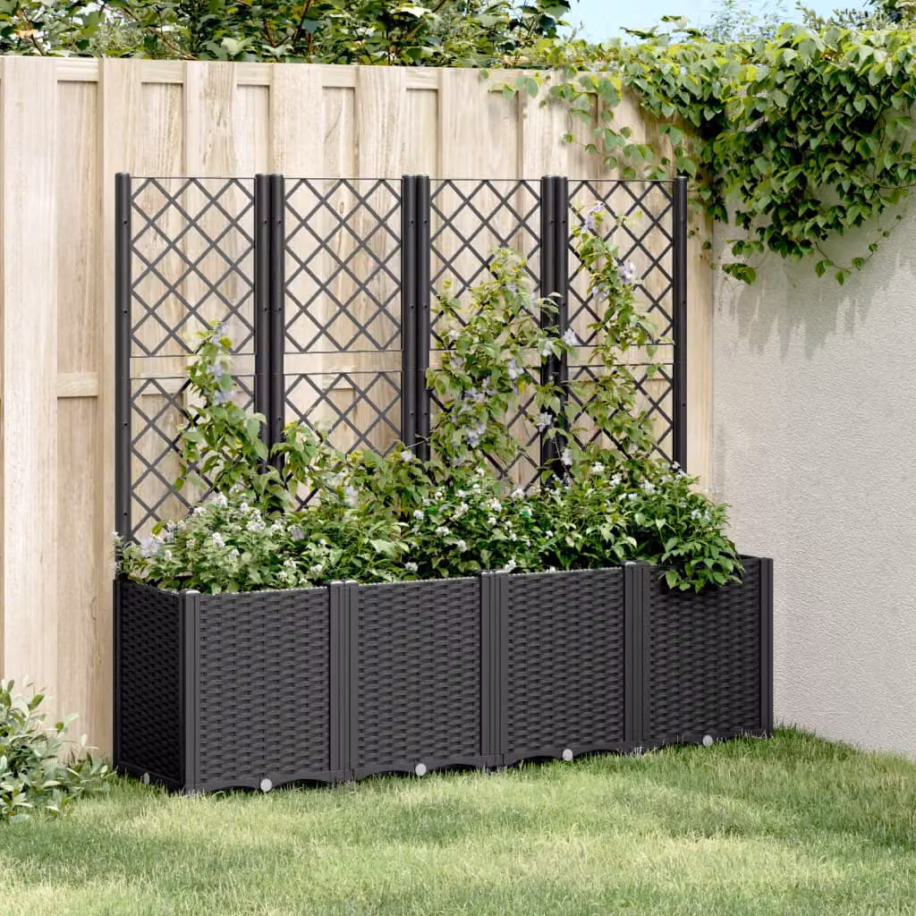 Fioriera da giardino con traliccio vidaXL nera in plastica L: 160 cm, P: 40 cm, H: 140 cm