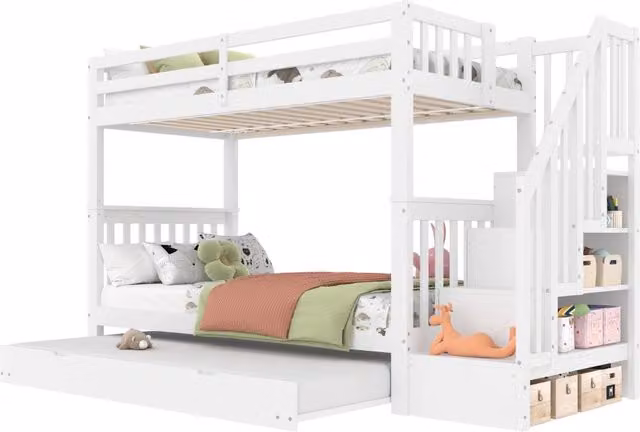 Letto a castello 90×200 cm con letto estraibile 90×190 cm, mensole scala e barriere alte, senza materasso, bianco