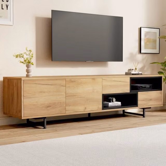 Mobile porta TV con 2 ante 2 cassetti e vani aperti per soggiorno con passacavi in truciolato legno stile moderno