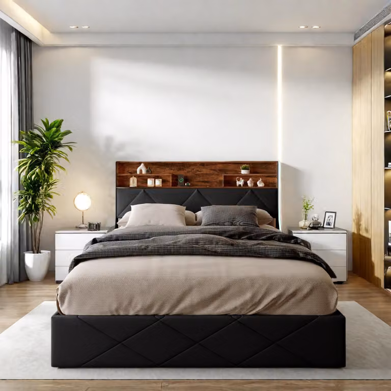 Letto imbottito Fortuna Lai 160x200 cm con contenitore a LED, contenitore idraulico, porte USB e testiera moderna in Finto cuoio, nero, senza materasso