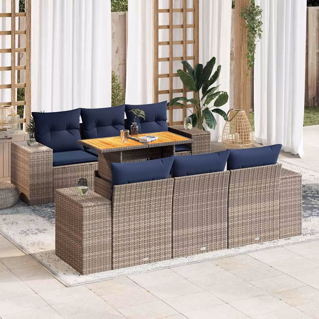 Set da giardino vidaXL in polyrattan composto da 7 pezzi con cuscini grigi e blu e struttura in acciaio, ideale per terrazza o giardino