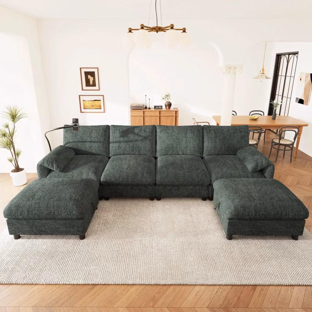 Divano panoramico modulare MIVRAY a 6 posti in tessuto verde con pouf coordinato, ricarica USB e coperture rimovibili, forma a U – 2