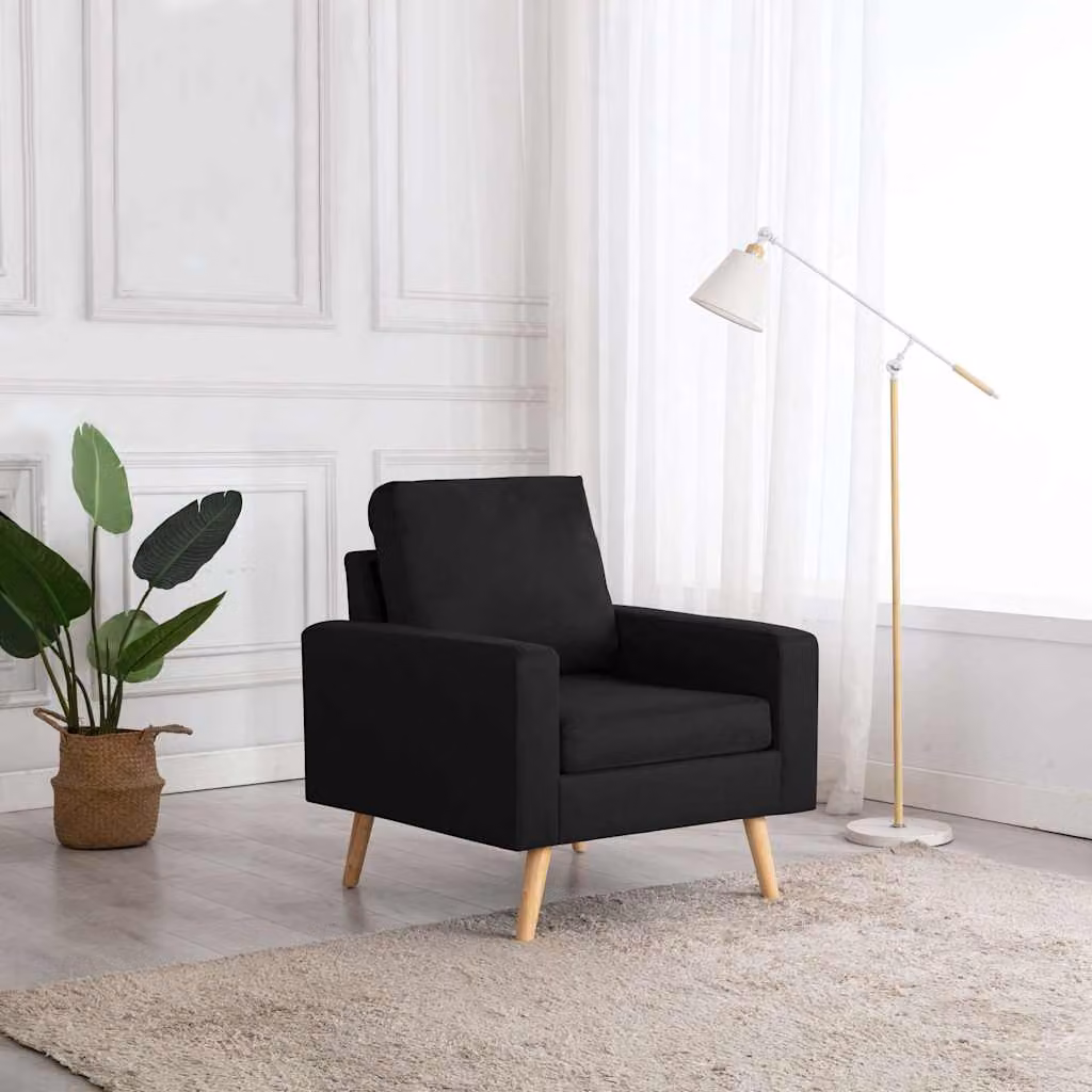 Poltrona moderna vidaXL in tessuto nero con struttura in legno e braccioli – 1