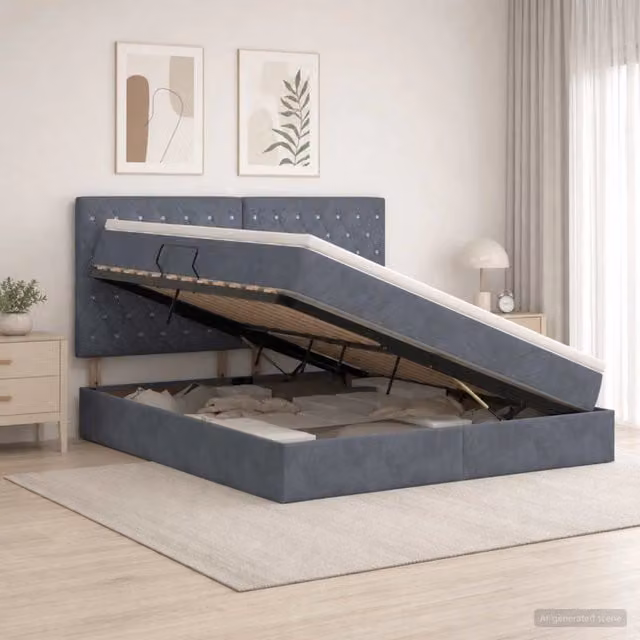Letto con contenitore e illuminazione LED vidaXL in tessuto grigio, L/P/H: 160 x 200 x 140 cm