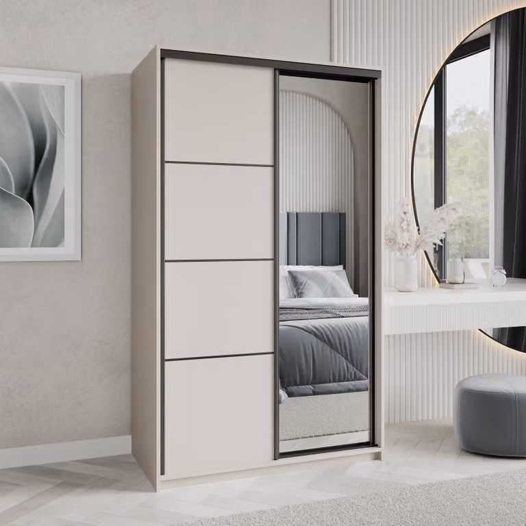 Armadio scorrevole Masseno VARO 120/205/60 cm Armadio con cassetti Armadio per camera da letto a 2 ante con specchio Cashmere + Nero