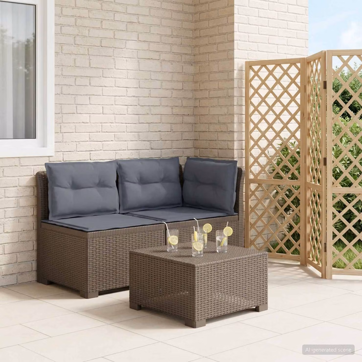 Divano da giardino a 2 posti vidaXL con cuscini grigi in aspetto rattan e tessuto resistente alle intemperie