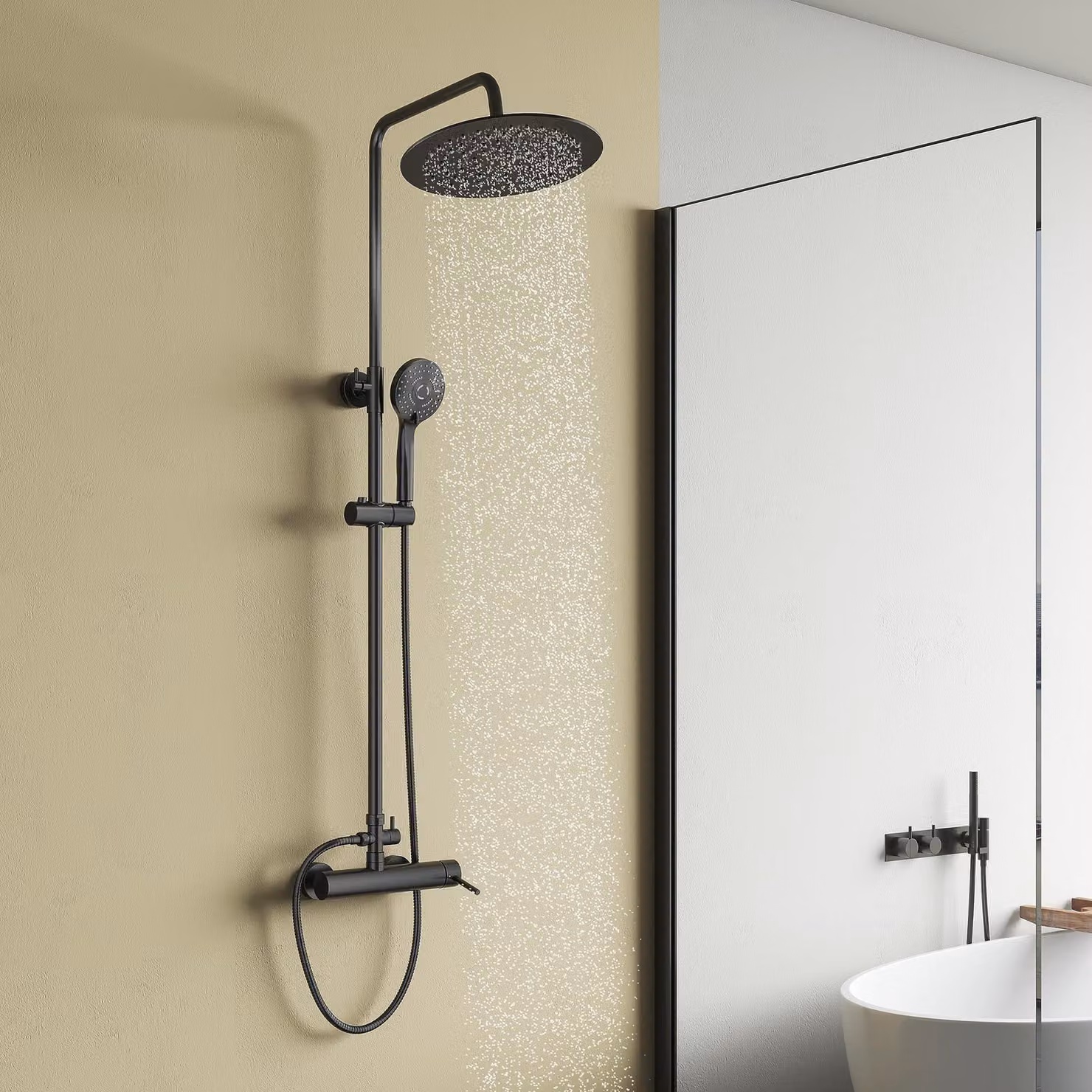 Colonna doccia nera, regolabile in altezza, soffione da 250 mm, doccetta con 3 getti