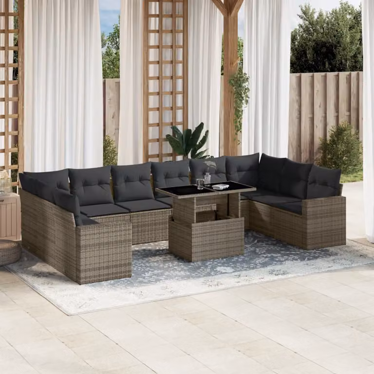 vidaXL Set Divani da Giardino 11 pz in Polyrattan Grigio con Cuscini e Tavolino