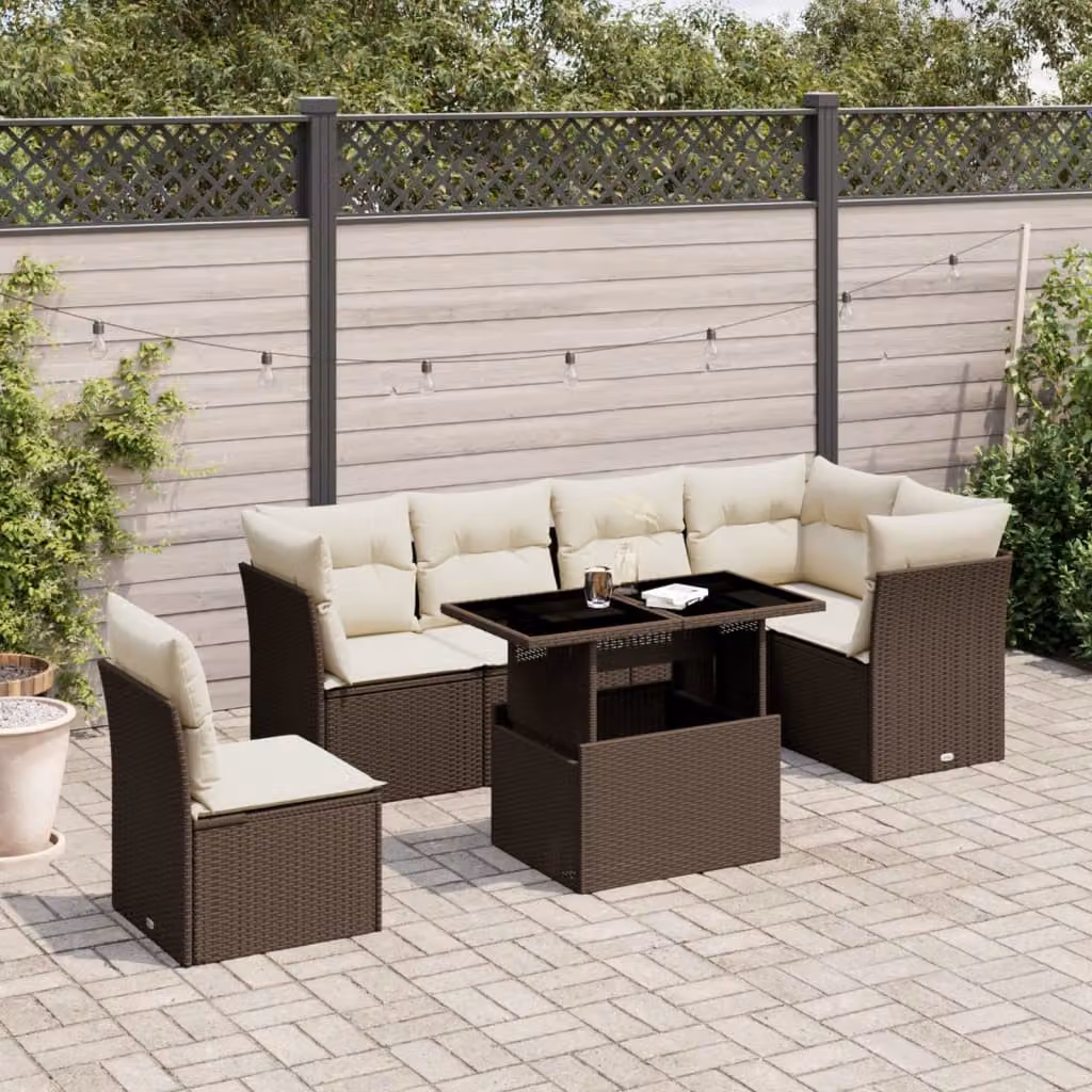 Set di divani da giardino vidaXL 7 pezzi con cuscini marroni e bianchi in rattan e acciaio con tavolino da esterno e configurazione a L con orientamento a sinistra – 1