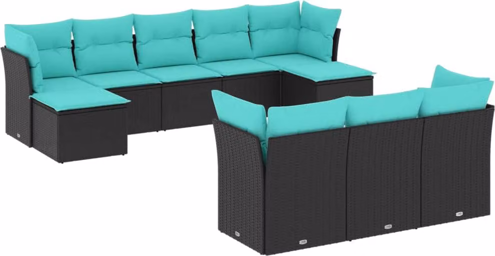 Set Divani da Giardino 10 pz con Cuscini Nero in Polyrattan