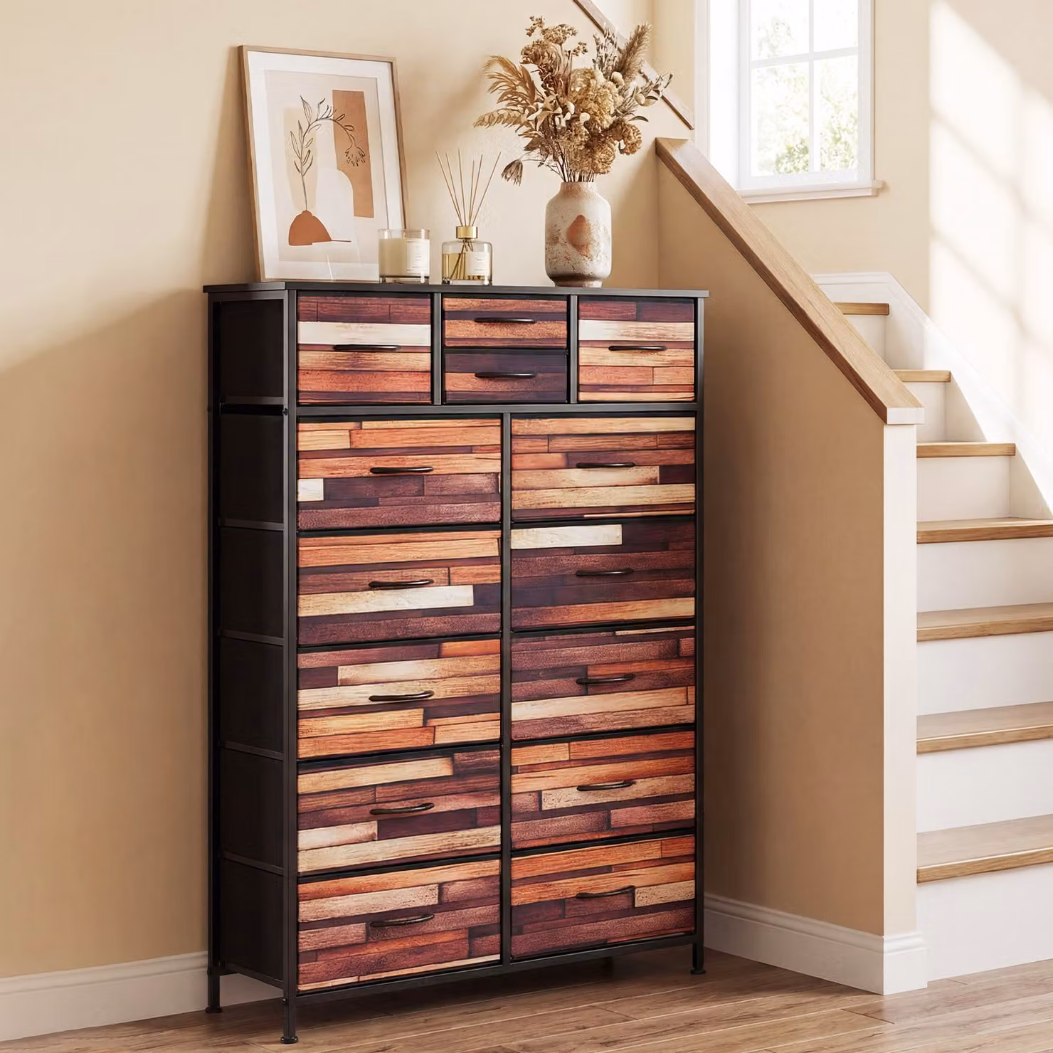 Cassettiera Costway con 14 cassetti pieghevoli in legno Nero per camera da letto, salotto o ingresso, L 85 cm x P 30 cm x H 120 cm