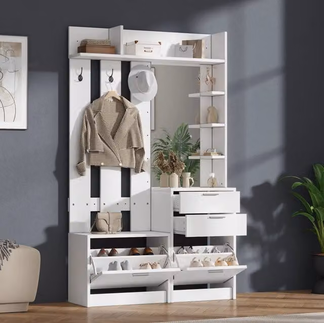 Armadio guardaroba bianco in MDF con specchio, 2 cassetti, 2 scarpiera ribaltabili, 3 ganci e 3 ripiani, 110x34x185 cm