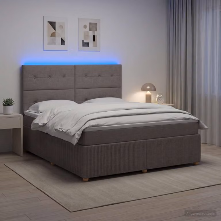 Letto Box Spring vidaXL con Materasso Ibrido e Illuminazione LED, Colore Tortora, L/P: 180 x 200 cm