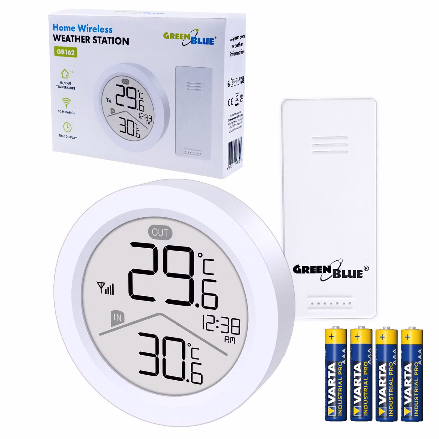 Stazione meteorologica wireless GreenBlue Temperatura IN/OUT Orologio a scelta °C / °F Portata fino a 60 m GB162 4 batterie AAA