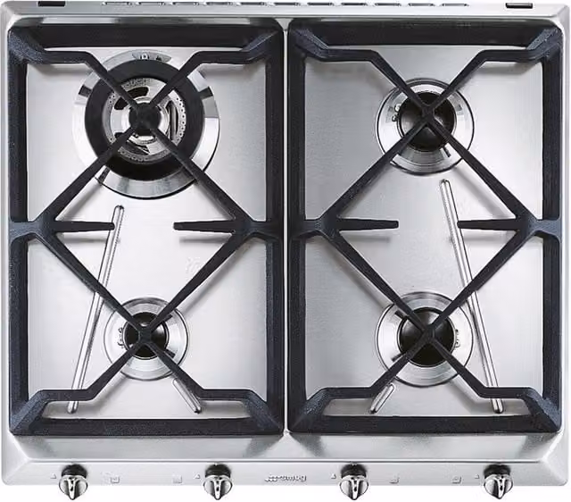 Piano cottura a gas da incasso SMEG 4 fuochi silver con griglie in ghisa L: 59.5 cm