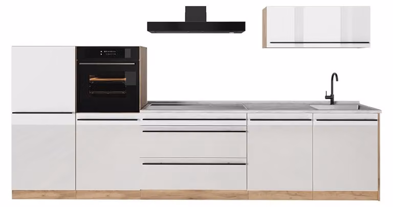 Cucina componibile Vicco R-Line Bianco lucido/Rovere dorato 340 cm piano di lavoro Marmo, Model 66539