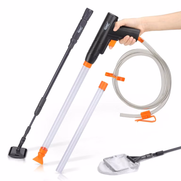 Kit per la pulizia dell'acquario, completo di aspirafango e retino