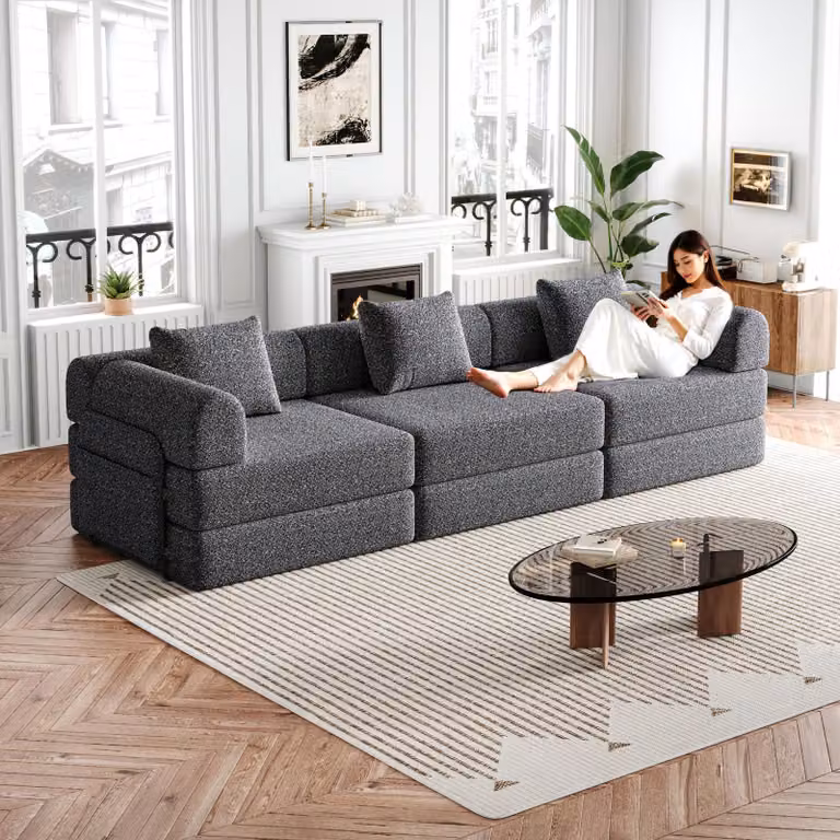 okwish set 3 pezzi 2 in 1 divano letto divano relax con braccioli e vano portaoggetti, divano letto pieghevole con struttura in acciaio e base antiscivolo, grigio