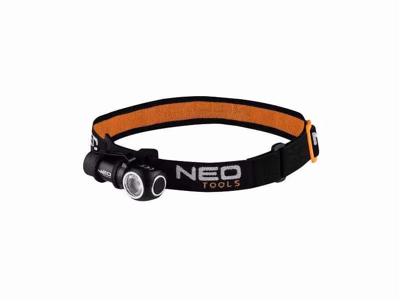 NEO TOOLS Lampada frontale ricaricabile potenza 6W, max. 600 Lumen, portata 90m, LED Cree XPG3, IPX4, 700mAh 3.7 Li-Ion, ricarica magnetica USB, 4 funzioni luminose 100%, 40%, 10%, strobo, dimensioni EDC