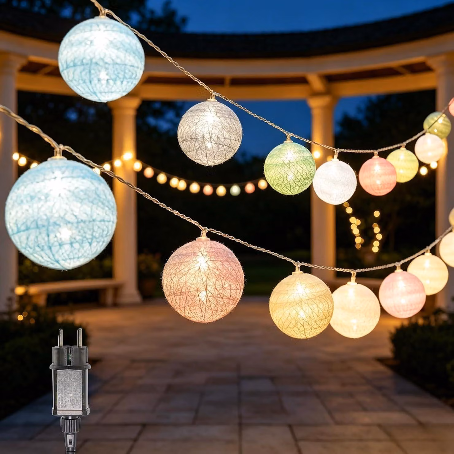 Catena luminosa con spina, lunghezza 3,8 metri, 20 LED, lanterne, colorate