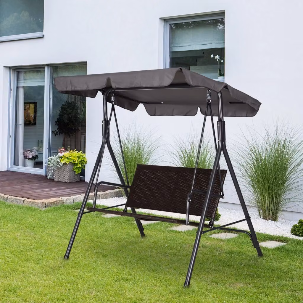Dondolo da Giardino a 2 Posti Giordanoshop con Tettuccio Regolabile in Metallo e Rattan PE, Colore Marrone, Grigio e Nero, L/P/H: 140 x 110 x 151 cm – 2