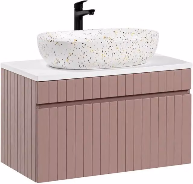 Insieme ICON: mobile sottolavabo 80cm rosa cipria + piano per lavabo bianco + lavabo da appoggio macchiato