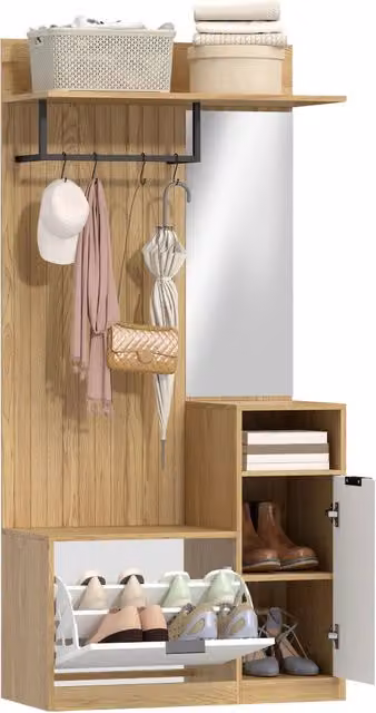Appendiabiti con panca, scarpiera e armadietto ¨C Minimal ¨C rovere e bianco, 80x30x100 cm
