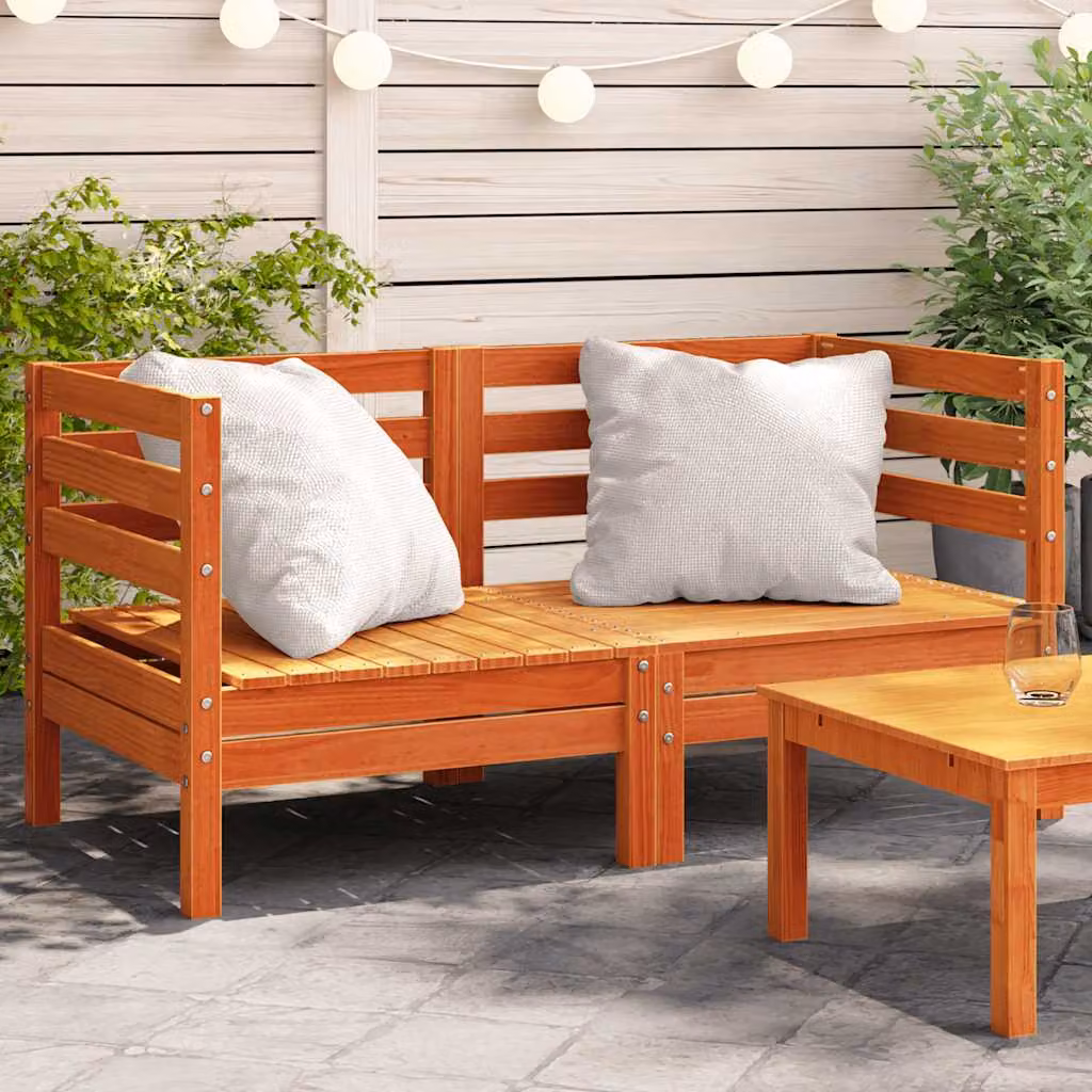 Set di 2 divani angolari da giardino vidaXL in legno massello di pino cerato marrone con cuscini in tessuto