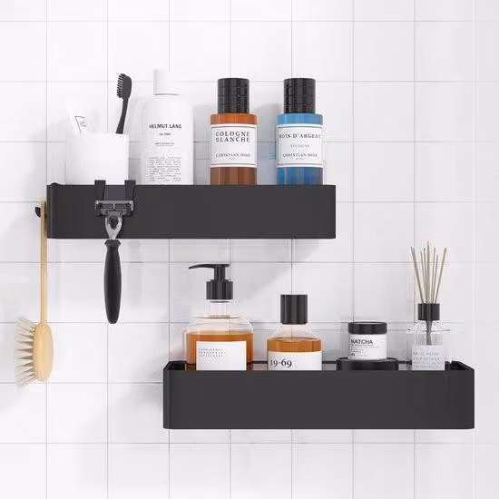 Set da bagno composto da 2 pezzi - Tubo flessibile per doccia in acciaio inossidabile - Tubo flessibile per doccia ad asciugatura rapida, senza bisogno di forature, grande capacità - Portashampoo resistente