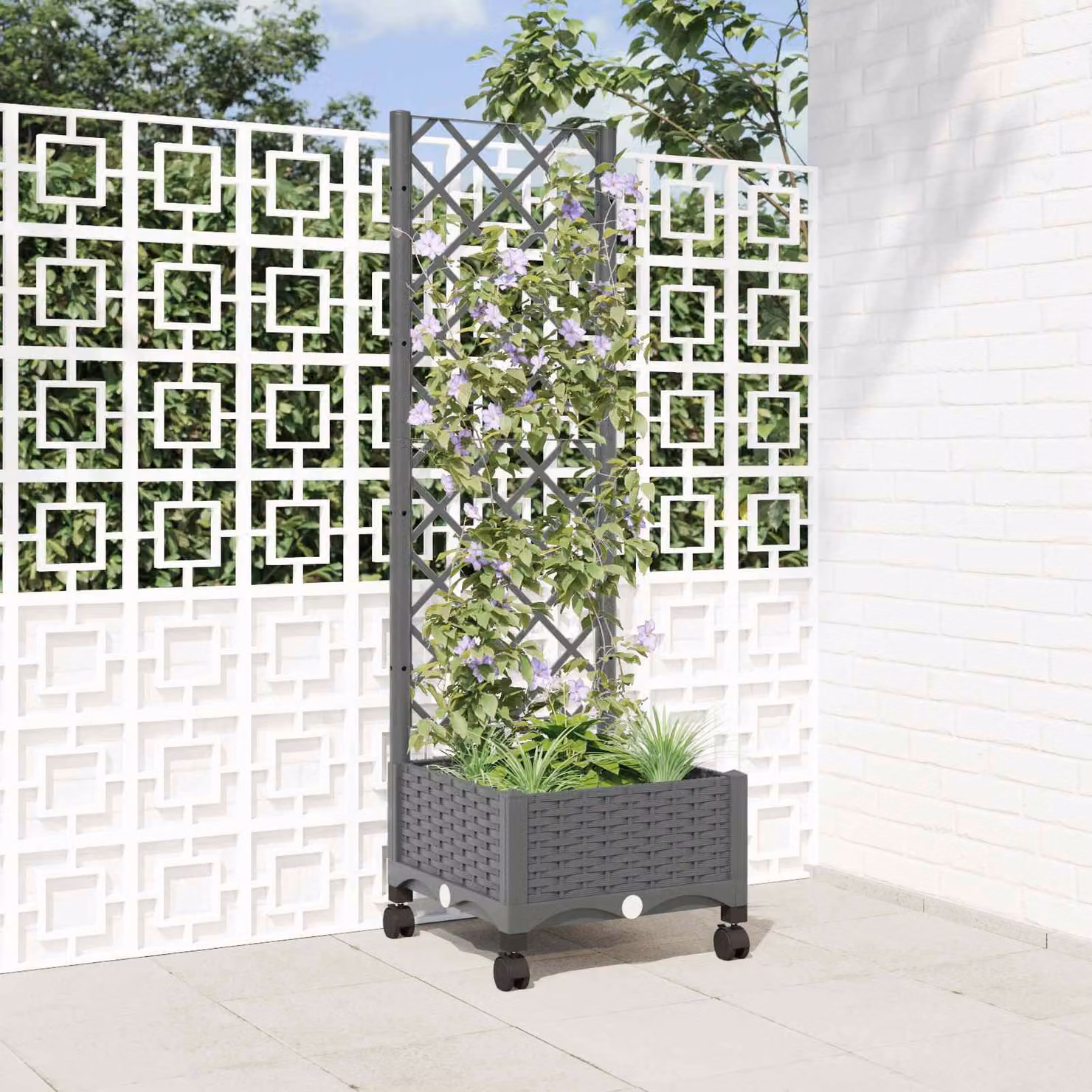 vidaXL Vaso da giardino con grigliato e ruote Grigio Chiaro in plastica per piante rampicanti, L: 40 cm, P: 40 cm, H: 131,5 cm