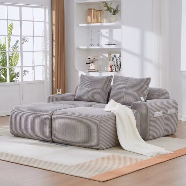 Divano modulare 2 posti 200x174x80 cm con portabicchieri e tasca laterale in velluto a coste grigio chiaro