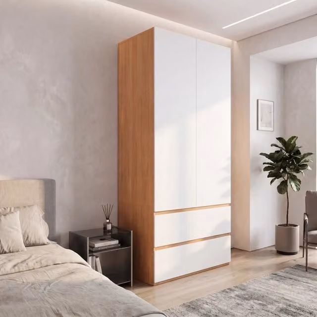 Armadio guardaroba 2 ante 90 × 50 × 200 cm con 2 cassetti e barra appendiabiti in MDF bianco effetto rovere